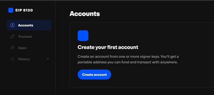 A dark-themed app interface for 'EIP 8130' showing an Accounts page with a 'Create your first account' prompt and a 'Create account' button.