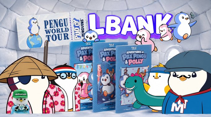 A promotional image for 'LBANK x PENGU' featuring cartoon penguin characters from the Pudgy Penguins NFT collection alongside Pax Pengu & Polly merchandise.