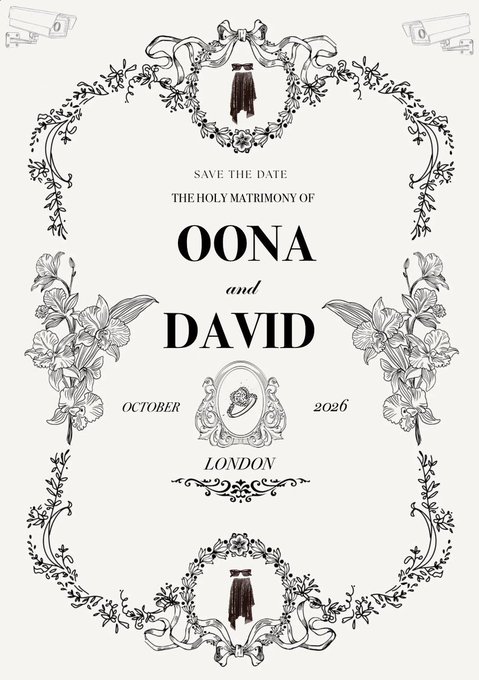 An ornate black-and-white 'Save the Date' wedding invitation for the holy matrimony of Oona and David, taking place in October 2026 in London, decorated with floral illustrations and surveillance cameras.