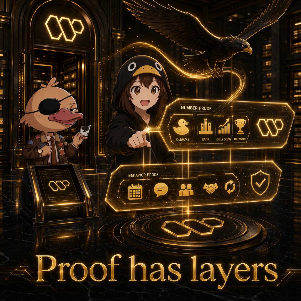 The image shows a girl wearing a black hoodie, standing next to a boy who has a duck head hat on. They are both holding game controllers, possibly playing a video game together. The background of the image features a black and gold color scheme with various elements related to gaming, such as a scoreboard or a leaderboard. There is also text in the image that reads "proof has layers" and "One thing I am learning with @wallchain is that proof has layers. There is number proof. Total Quacks. Daily Quacks. Leaderboard rank. That part is clear. But there is also behavior proof. Did you keep showing up. Did you reply with care. Did your posts stay". This text suggests that the girl and boy are discussing their gaming experience, possibly sharing tips or strategies related to the game they are playing.