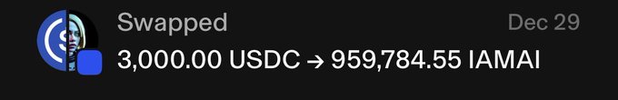 A cryptocurrency swap notification showing a transaction of 3,000.00 USDC converted to 959,784.55 IAMAI, dated December 29.