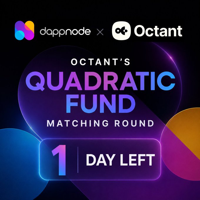 Promotional graphic for the dappnode x Octant partnership announcing 'Octant's Quadratic Fund Matching Round' with '1 DAY LEFT' remaining, set against a vibrant neon purple and blue background.