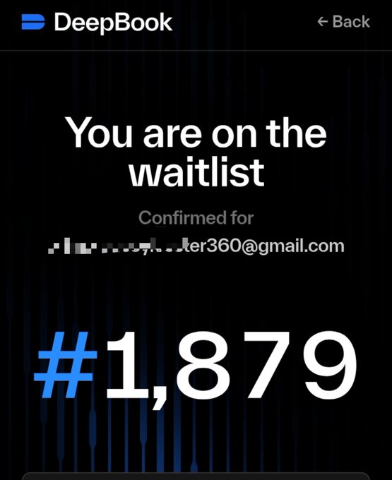 A screenshot of the 'DeepBook' app interface showing a waitlist confirmation message: 'You are on the waitlist', 'Confirmed for [partially obscured]...ter360@gmail.com', and the position '#1879'.