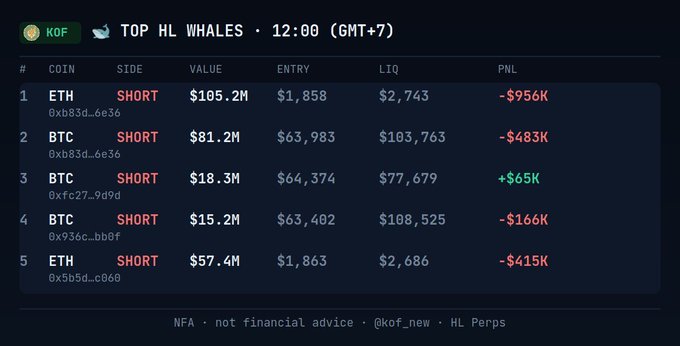 A cryptocurrency trading interface from 'KOF' showing 'TOP HL WHALES · 12:00 (GMT+7)' with positions in ETH and BTC, mostly SHORTS with significant PNL figures ($-956K, $-483K, +$65K, $-166K, $-415K); footer notes 'NFA · not financial advice · @kof_new · HL Perps'.