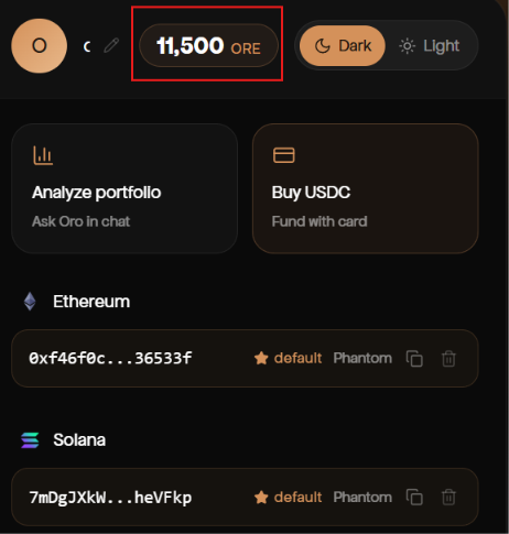 The image shows a cryptocurrency wallet interface displaying a balance of 11,500 ORE tokens, with options to "Analyze portfolio" via Oro chat or "Buy USDC," along with Ethereum and Solana wallet addresses managed through Phantom. This relates to the post by illustrating the ORE token balance that users could potentially increase by completing the new 8,500 ORE points campaign through Ask Oro's available questions and social missions.