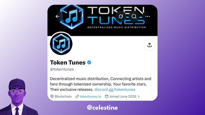 A promotional graphic for 'Token Tunes' (@tokentunes), describing it as 'Decentralized music distribution,' with a cartoon avatar and the handle '@celestine' at the bottom.