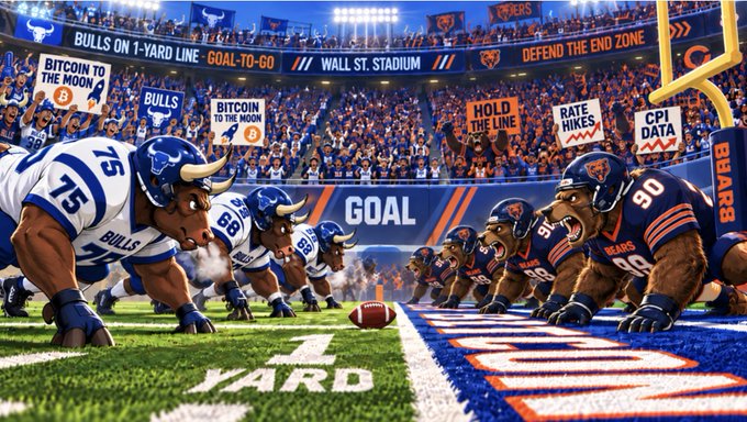 The image depicts an NFL football showdown at Wall St. Stadium between the Bulls (in white jerseys) and Bears (in blue jerseys), with the Bulls on a "1-YARD LINE" "GOAL-TO-GO" facing a brick-wall Bears defense at the "1 YARD" marker. Playful sideline signs read "BITCOIN TO THE MOON," "HOLD THE LINE," "RATE HIKES," and "CPI DATA," visually framing Bitcoin's price near $83K as a dramatic "4th and goal" moment where Friday's CPI print will decide whether Bulls score a new bull market or Bears hold the line.