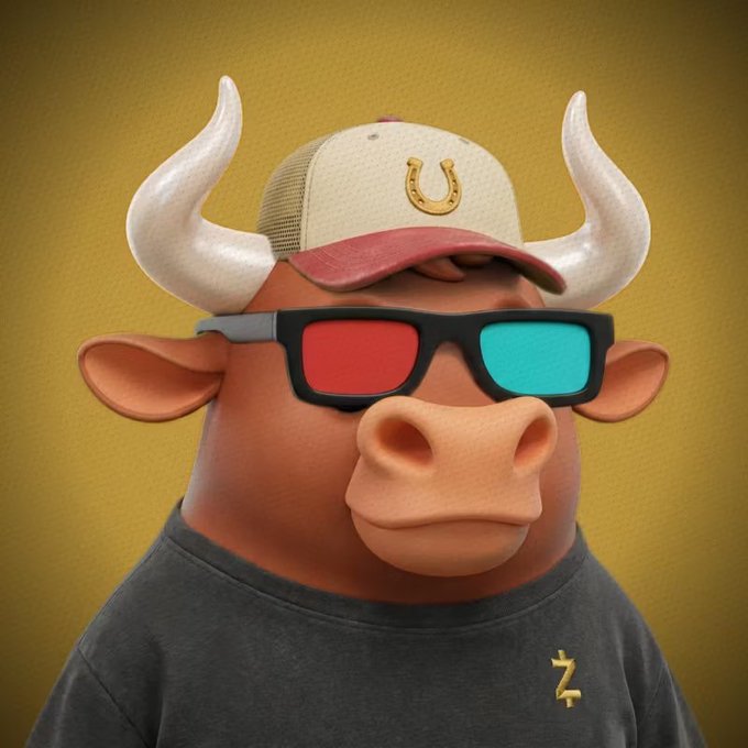 A 3D-rendered cartoon bull wearing a cap with a horseshoe logo, 3D glasses with red and cyan lenses, and a dark gray shirt with a small yellow logo, set against a yellow background.
