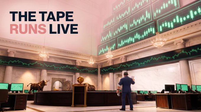 A stock trading floor scene with bold text 'THE TAPE RUNS LIVE' showing a person looking at multiple screens displaying green candlestick charts and market data.