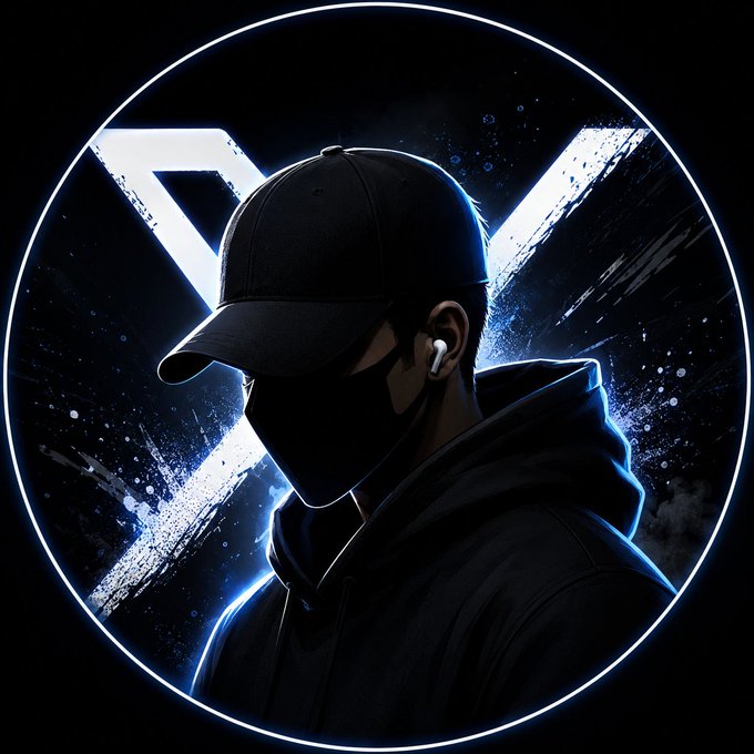 A stylized digital artwork of a masked figure wearing a black cap and hoodie with an earbud, set against a glowing blue circular logo.
