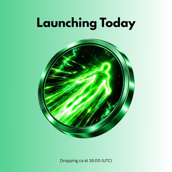 A promotional graphic announces 'Launching Today' with 'Dropping ca at 16:00 (UTC)' below a glowing green circular emblem depicting a figure surrounded by green energy streaks.