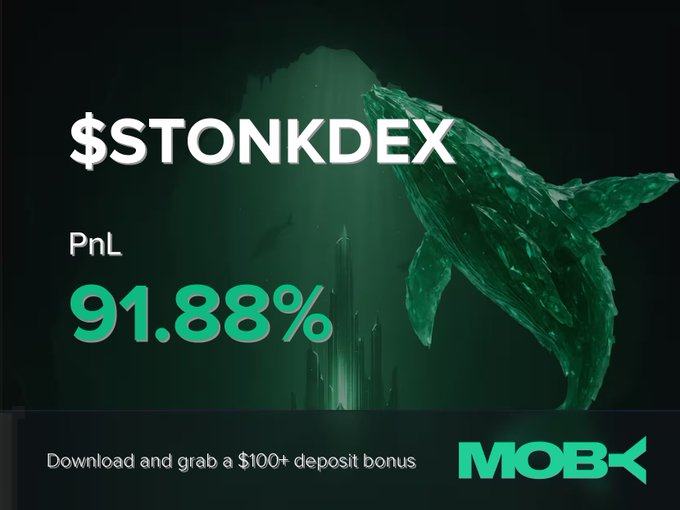 A promotional graphic for '$TONKDEX' displays 'PnL 91.88%' alongside a green crystalline whale, with text reading 'Download and grab a $100+ deposit bonus' and the 'MOBK' logo.