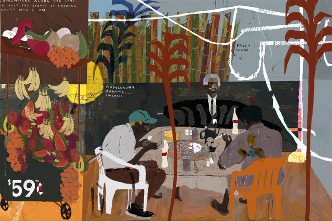 A vibrant, colorful painting depicting men sitting at a table with a fruit cart labeled '$5.99' in the foreground, with text fragments like 'HOMEGROWN BOUNTY' and 'FRESH SUGAR' scattered throughout.