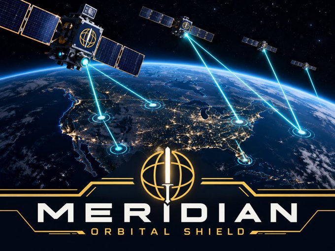 A promotional graphic for 'MERIDIAN ORBITAL SHIELD' shows multiple satellites beaming energy down to Earth over a dark map.