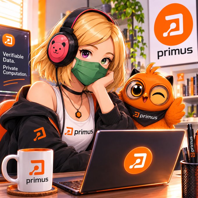 Anime-style illustration of a blonde girl wearing a green face mask and panda-head headphones alongside an orange owl mascot, both branded with 'primus'; the laptop, mug, and background signage display the 'primus' logo and the words 'Verifiable Data. Private Computation.'