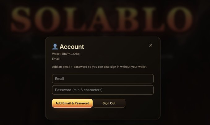 A login modal overlay on the 'SOLABLO' website, prompting users to 'Add Email & Password' for their account (Wallet: BhVm...X8q) with options to confirm or sign out.