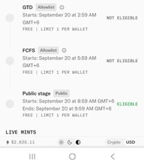 A mobile app screen showing 'LIVE MINTS' with options for GTD, FCFS, and Public stage mints, displaying a 'NOT ELIGIBLE' status and the SUI token price at $2,635.11.