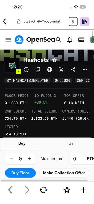 A mobile screenshot of the OpenSea NFT marketplace showing the "Hashcats" collection by HASHCATSDEPLOYER, with a floor price of 0.1339 ETH, 1D floor change of +39.5%, and 5,626 items.