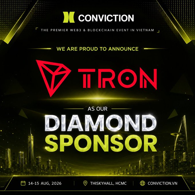 A promotional poster for the Conviction blockchain event in Vietnam (August 14-15, 2026, at Thiskyhall, HCMC) announcing TRON as the Diamond Sponsor.