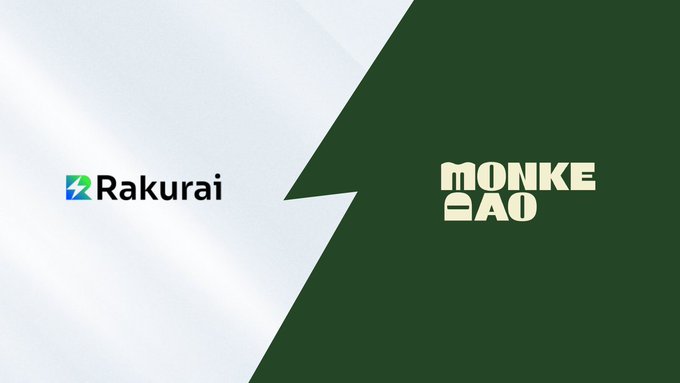 A split graphic showing 'Rakurai' on a silver/metallic background on the left and 'monkeDAO' on a dark green background on the right.