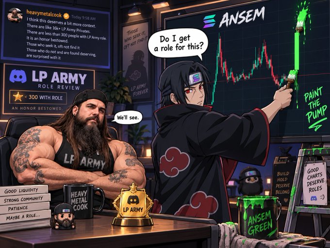 An illustration depicting a 'LP ARMY ROLE REVIEW' featuring a muscular bearded man and an anime character (Ansem) pointing at a trading chart, with a speech bubble saying 'Do I get a role for this?'