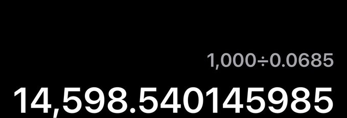 The image displays the calculation "1,000÷0.0685 = 14,598.540145985", illustrating how the post's author derived the figure of 14,598 validators, which is the amount of PLS rewards PCOCK is buying back and burning.