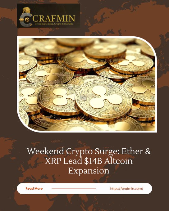 A CRAFMIN promotional graphic titled 'Weekend Crypto Surge: Ether & XRP Lead $14B Altcoin Expansion' featuring an image of golden Ripple (XRP) coins.