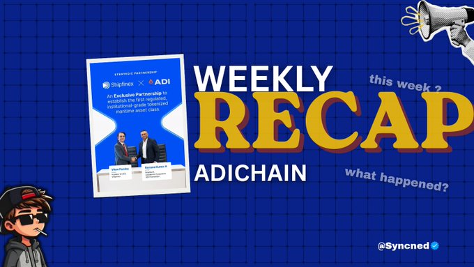 A 'Weekly Recap' thumbnail for Adichain by Synced, featuring a strategic partnership announcement between Shoptnx and ADI on a blue tiled background with cartoon graphics.