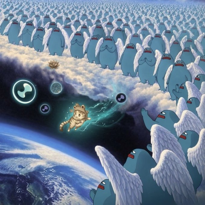 A surreal digital illustration showing a vast army of blue winged creatures standing on clouds above Earth, while a small cat wearing a tiger costume flies through space with magical effects.