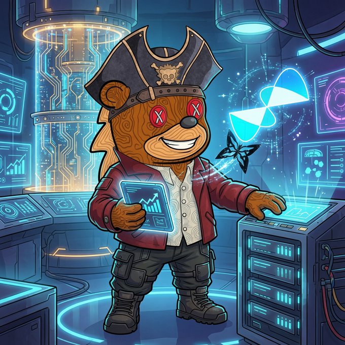 A colorful cartoon illustration of an anthropomorphic hedgehog dressed as a cyberpunk pirate with X-shaped eyes and a tricorn hat, holding a holographic tablet in a high-tech server room.