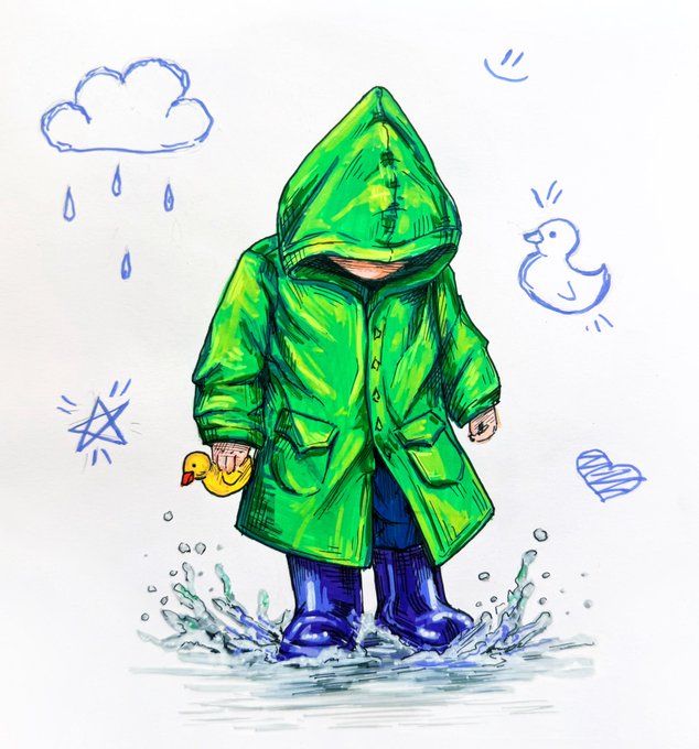 A sketch and watercolor illustration of a child in a green raincoat and blue boots splashing in a puddle, holding a yellow rubber duck, with simple blue doodles of a rain cloud and duck in the background.