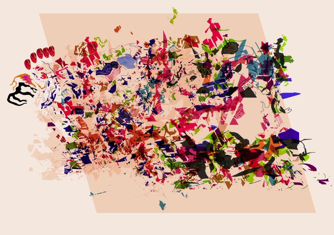 An abstract, chaotic digital painting with fragmented shapes in red, green, blue, and black scattered across a peach-colored surface.