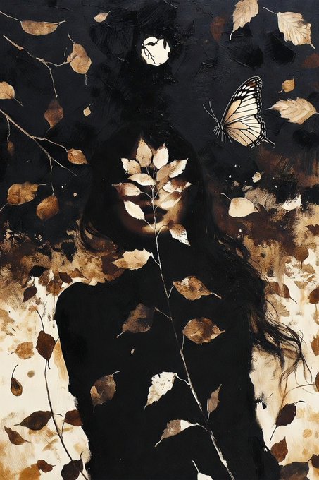 A dark, ethereal artwork depicts a hooded figure holding a branch with golden leaves, with a white butterfly perched nearby against a black background.