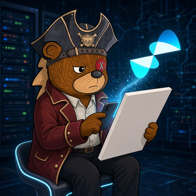 A digital illustration of a pirate bear wearing an eyepatch and tricorn hat, holding a smartphone and a blank tablet while floating above a chair in a server room.