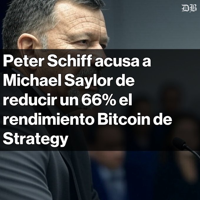 A profile photo of a bearded man accompanies Spanish text reading 'Peter Schiff acusa a Michael Saylor de reducir un 66% el rendimiento Bitcoin de Strategy.'