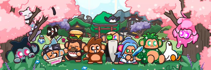 A colorful cartoon illustration features a diverse cast of chibi-style characters posing in front of a Japanese torii gate surrounded by pink cherry blossom trees.