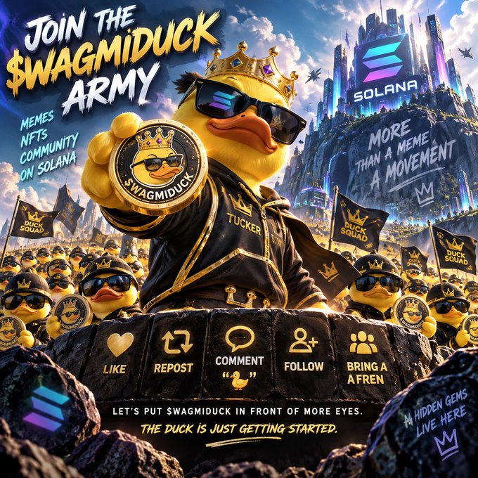 Promotional image for 'SWAGMIDUCK' meme coin on the Solana blockchain, featuring a crowned duck in sunglasses holding a coin, with text 'JOIN THE $WAGMIDUCK ARMY' and 'MORE THAN A MEME A MOVEMENT'.