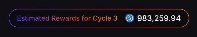 A digital display showing 'Estimated Rewards for Cycle 3' with an amount of 983,259.94 next to a blue dollar sign icon, bordered by a purple-to-orange gradient.