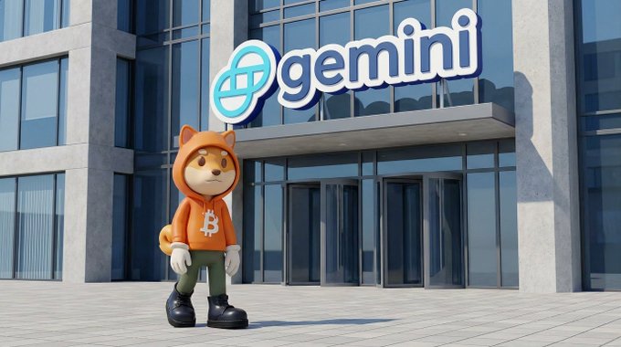 A 3D rendered cat character wearing an orange hoodie with a Bitcoin logo stands in front of a modern glass building displaying a large "gemini" cryptocurrency exchange logo.