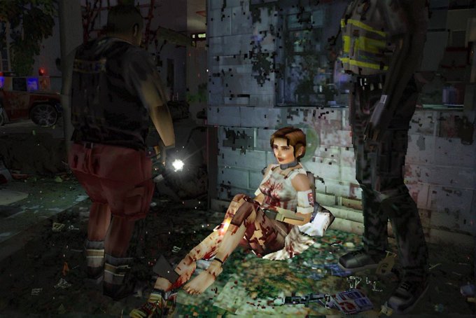 A wounded woman in tattered white clothing sits against a graffiti-covered brick wall, bloodied and shackled, as a man in a leather vest points a flashlight at her while another figure in tactical gear stands guard in a desolate urban setting from the "Sky World" NFT collection by @kev_esh. The cyberpunk, dystopian scene reflects the dark, narrative-driven artwork that the post celebrates being supported by an collector, with the post's meaning conveyed through the appreciation of Ukrainian collectors backing this striking piece of digital art.