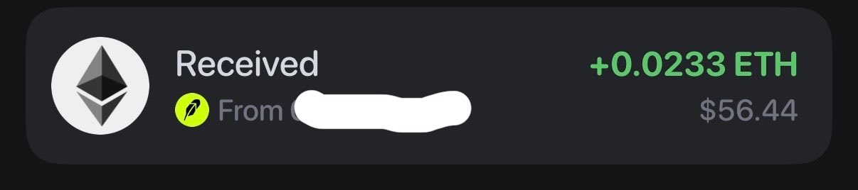 A crypto transaction notification showing a received Ethereum payment of +0.0233 ETH (~$56.44) with the sender's address obscured.
