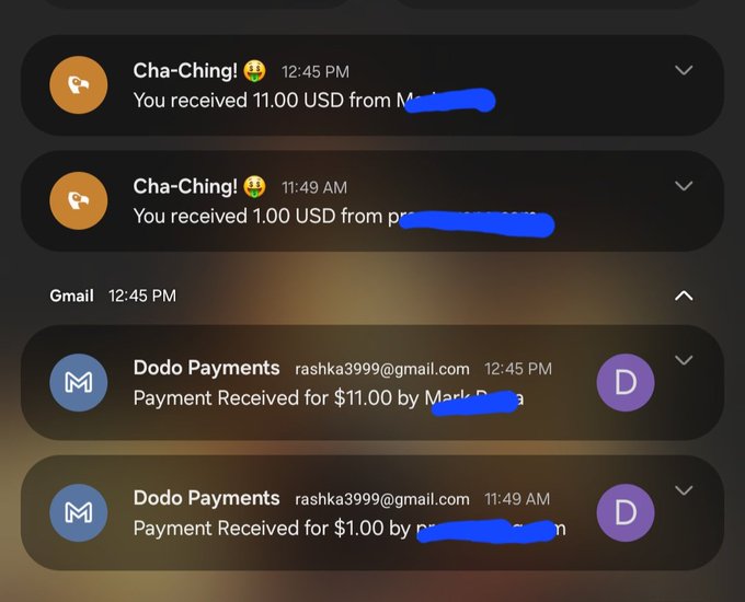 Screenshot of phone notifications showing "Cha-Ching!" alerts for receiving $11.00 USD and $1.00 USD, along with Gmail confirmations from "Dodo Payments" at the email "rashka3999@gmail.com" indicating payments received — illustrating the celebratory moment of the user's first sales on BrandMyHeart.lol.