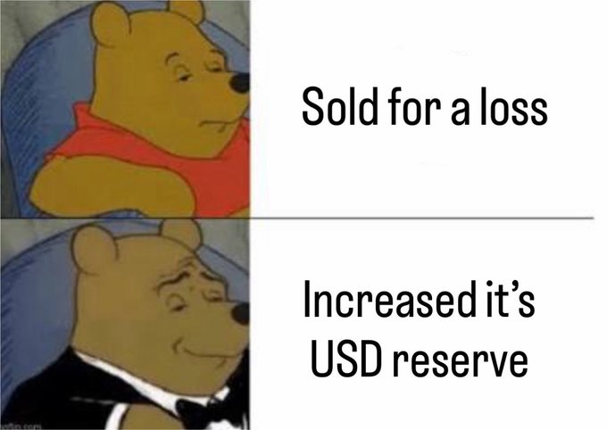 This meme contrasts the negative outcome of "Sold for a loss" with the positive outcome of "Increased it's USD reserve," reflecting the accompanying post about Strategy's financial maneuvers.