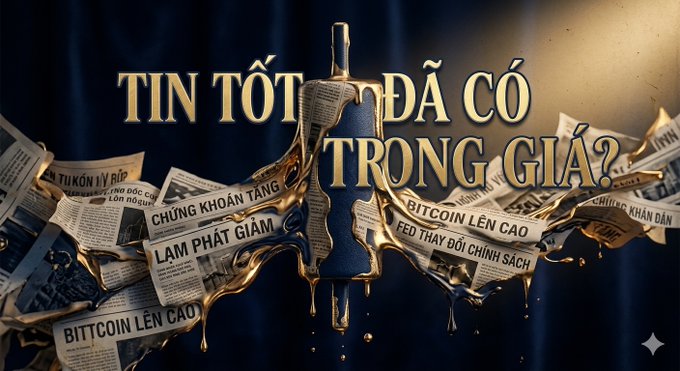 A promotional banner with Vietnamese text reading "TIN TỐT ĐÃ CÓ TRONG GIÁ?" over a background featuring a candle, golden liquid, and floating newspaper clippings with headlines like "BITCOIN LÊN CAO" and "CHỨNG KHOÁN TĂNG".