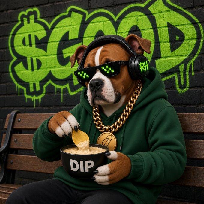 A digital artwork of an anthropomorphic pitbull dog wearing a green hoodie, gold chain, and pixelated sunglasses labeled "RH," eating from a bowl labeled "DIP" in front of graffiti-covered brick wall featuring a dollar sign and the word "GOOD."