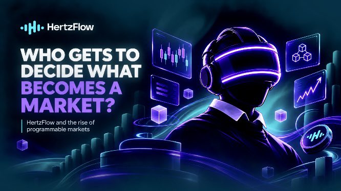 HertzFlow promotional banner with text 'WHO GETS TO DECIDE WHAT BECOMES A MARKET?' and subtitle 'HertzFlow and the rise of programmable markets,' featuring an illustrated character in a purple-lit VR headset surrounded by financial charts and data cubes.