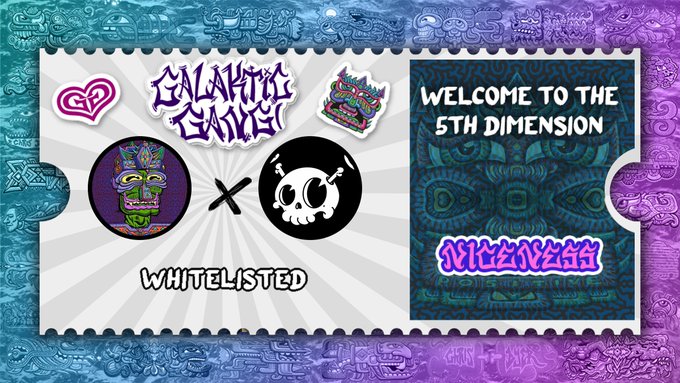 A colorful ticket-style graphic with Aztec/Mesoamerican patterns announces a collaboration featuring "Galaktic Gang" and "Quirkies," with the text "WHITELISTED" and "WELCOME TO THE 5TH DIMENSION" visible, indicating that Quirkies NFT holders have been granted whitelist access for an upcoming mint.