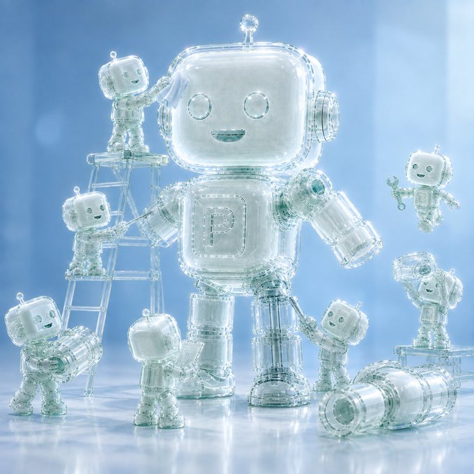 The image showcases a collection of transparent, crystalline robot figures—some climbing a ladder, one wielding a megaphone, and others interacting with detached limbs—centered around a large bot featuring a prominent "P" on its chest. This visually represents the "ponsbot" referenced in the post, depicting the bot's construction, continuous development, and growing ecosystem as pons launchpads become mainstream.