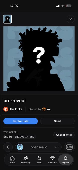 A mobile screenshot of an OpenSea NFT listing page showing a 'pre-reveal' item from 'The Floks' owned by the user, with a top offer of $6.50 and an ending time of 3 minutes and 30 seconds.