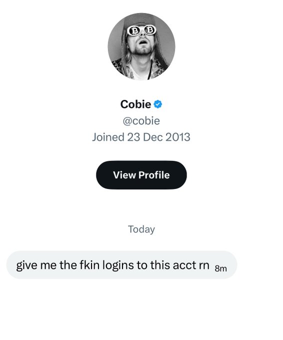 Twitter profile for @cobie (Cobie), a verified account joined December 23, 2013, with a recent tweet reading 'give me the fkin logins to this acct rn' from 8 minutes ago.
